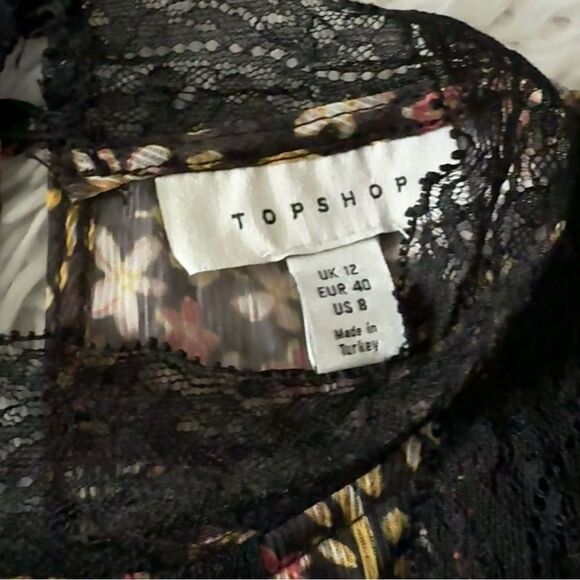 TOPSHOP Black Floral and Lace Long Sleeve Boho Flower Child Blouse Size 8 - Picture 3 of 8